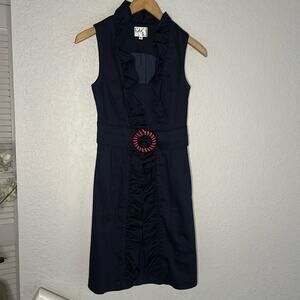 Milly New York Danielle Ruffle Sheath Dress Navy Blue Red Buckle Classic Preppy